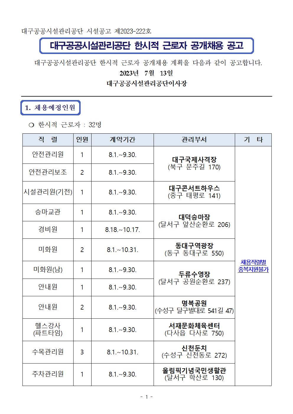 [대구공공시설관리공단] 계약직 신입/경력(안전관리원, 시설관리원 등) 채용